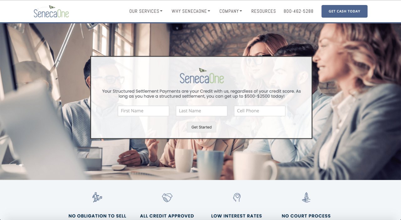 structured settlement buyer 11, Senecaone website screenshot