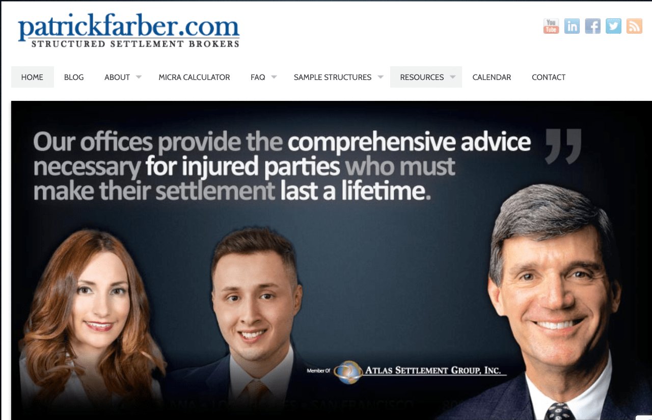structured settlement company 16, Photos of three people and a quote explaining Patrick Farber services.