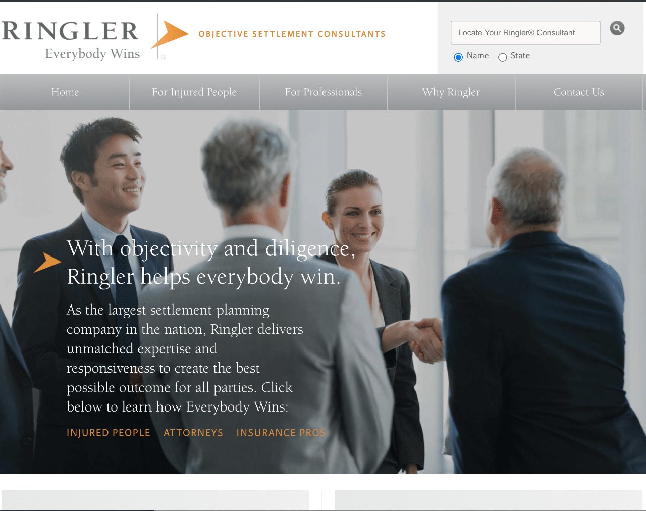structured settlement company 17, screenshot from Ringler Settlement Consultants website of people shaking hand at the completion of a deal