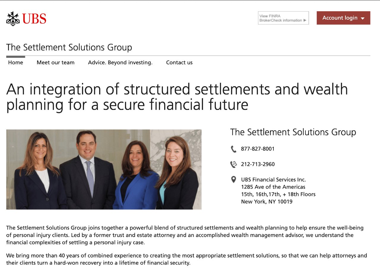 structured settlement company 4, Employees from The Settlement Solutions Group at UBS