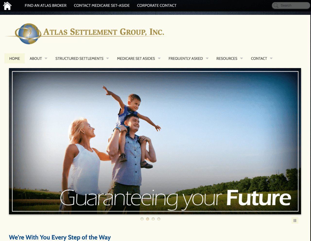 structured settlement company, Atlas Settlement Group website menus and a photo of a man, woman, and child